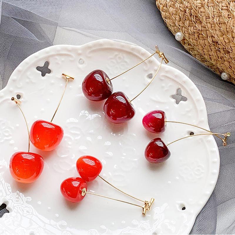 Anting Bentuk Cherry Merah Wine Bahan Resin Untuk Wanita