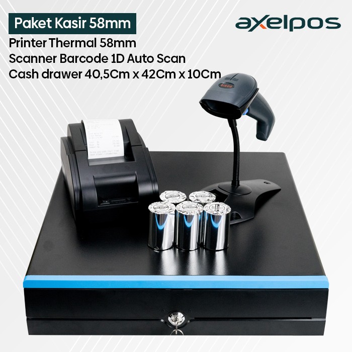 PAKET ALAT KASIR PRINTER THERMAL 58MM USB - CASH DRAWER 5 SLOT - SCANNER BARCODE 1D AUTO SCAN