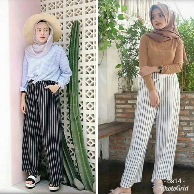 CELANA KULOT SALUR PANJANG CREPE RETRO STRIP DEWASA MOTIF WANITA JUMBO UKURAN L VINTAGE