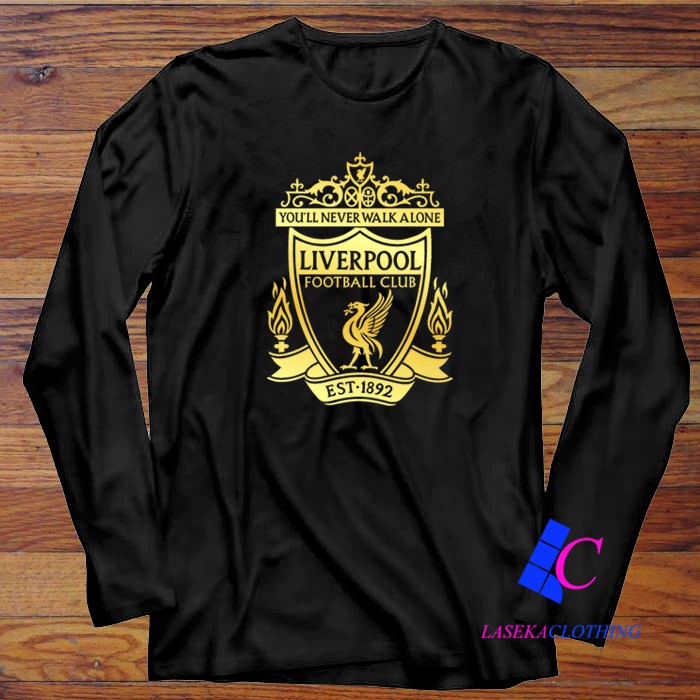 KAOS BAJU DISTRO Bola Murah Liverpool Gold Emas Logo Lengan Panjang Pria Wanita