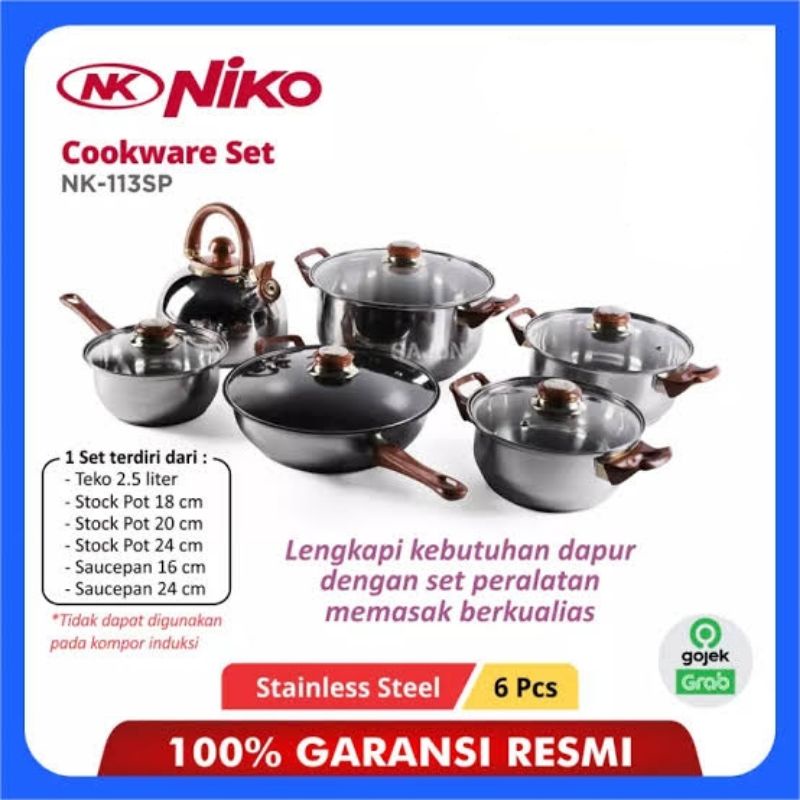 Niko Panci Set Stainless Tutup Kaca / Cookware Set NK - 1113SP