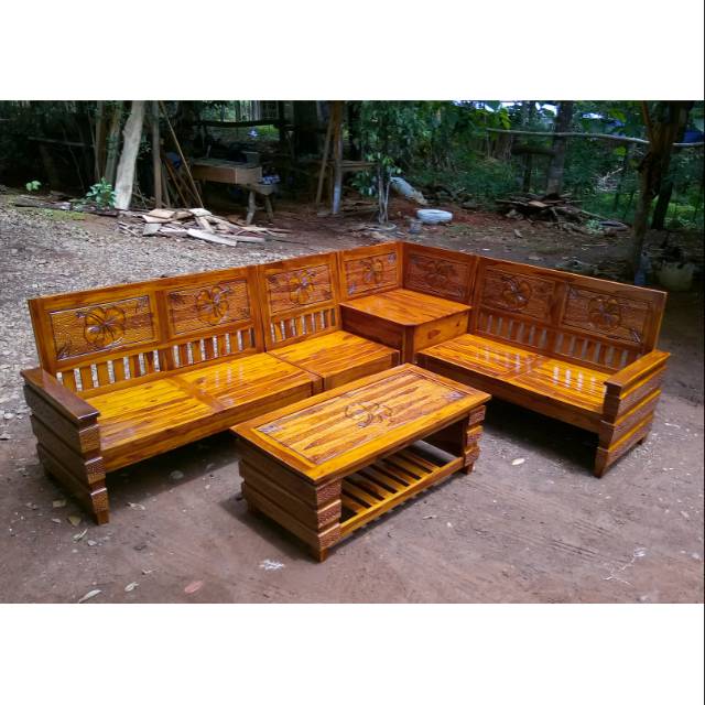 Kursi Tamu Sudut L Robot Minimalis Ukir Set Full Kayu Jati Furniture Mebel MURAH LARIS SHOPE