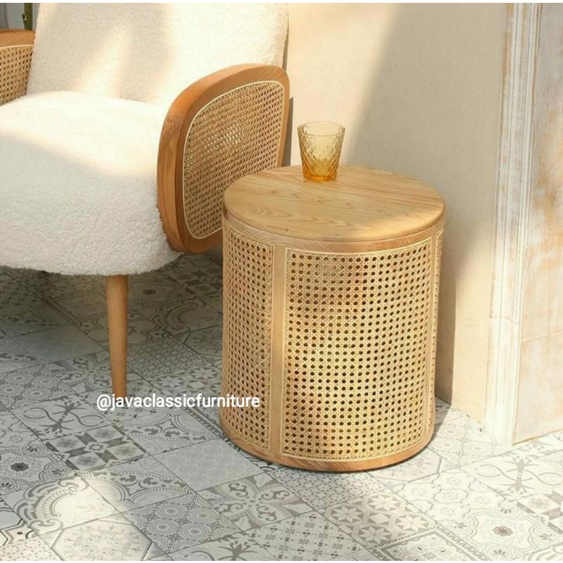 ROUND STORAGE TEMPAT PENYIMPANAN SERBAGUNA ESTETIK NAKAS RETRO ROTAN BULAT BAHAN KAYU JATI MIX ROTTAN UNIK VINTAGE-2