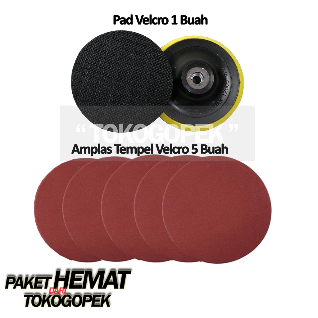 PAKET HEMAT TATAKAN AMPLAS 4&quot; INCH 1PC + 5PCS AMPLAS TEMPEL VELCRO