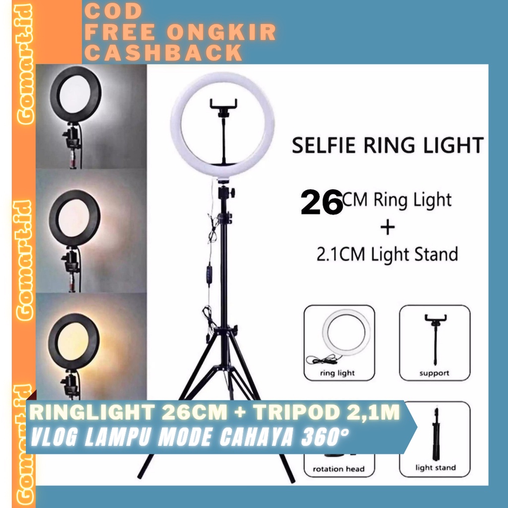 Paket Komplit Ringlight 26cm + Tripod 2,1 Meter Vlog Lampu Ringlight 3 Mode Cahaya 360 Derajat Ball Head