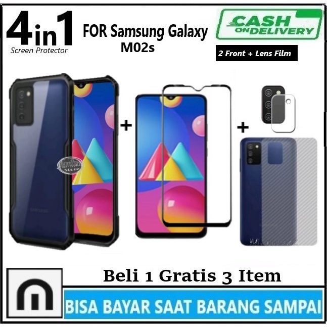 PROMO Paket 4in1 Case Samsung Galaxy A02s A03s M02s Casing Transparan + Anti Gores Kaca Full Layar + Anti Gores Kamera + Skin Carbon Soft Case Armor Shockproof Fusion Bumper Pelindung Belakang Full Cover