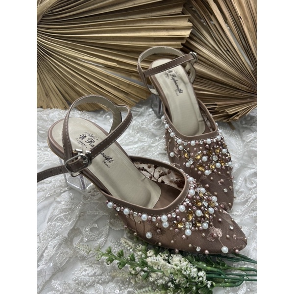 sepatu wanita wedding moccca diamont tali 7cm kaca