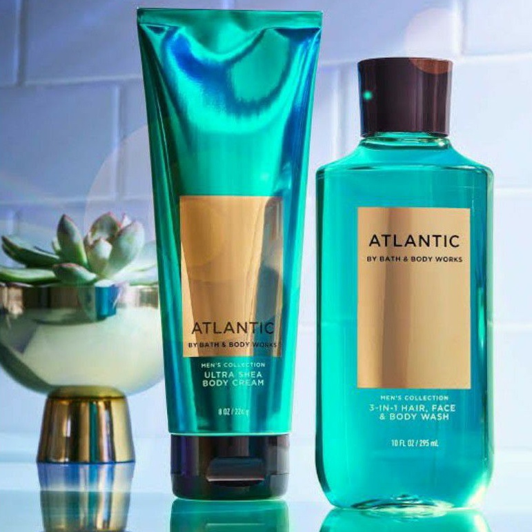 BATH AND BODY WORKS BBW ATLANTIC MENS COLLECTION SERIES BODY CREAM 226 G &amp; 70 G 2IN1 3IN1 HAIR , FACE &amp; BODY WASH 295 ML &amp; 88 ML DEODORIZING BODY SPRAY 104 G MINI COLOGNE 100 G &amp; 15 ML SHAVE GEL 191 G ROOMSPRAY 42,5 G POCKETBAC HANDCREAM 29 ML