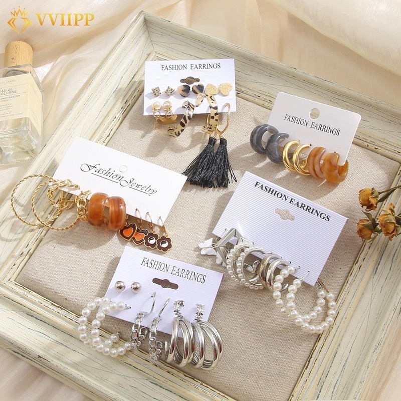 12Pcs/Set Resin Leopard Earring Set Pearl Geometric Metal Women Earrings Butterfly Pendant Jewelry  Fashion Tassel Accessories