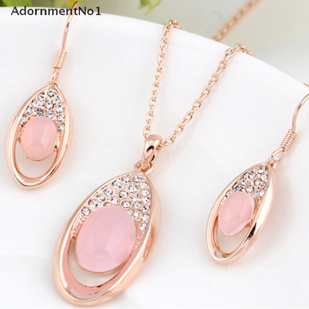 (AdornmentNo1) Set Kalung + Anting Tusuk Rose Gold Hias Batu Opal + Kristal Untuk Wanita