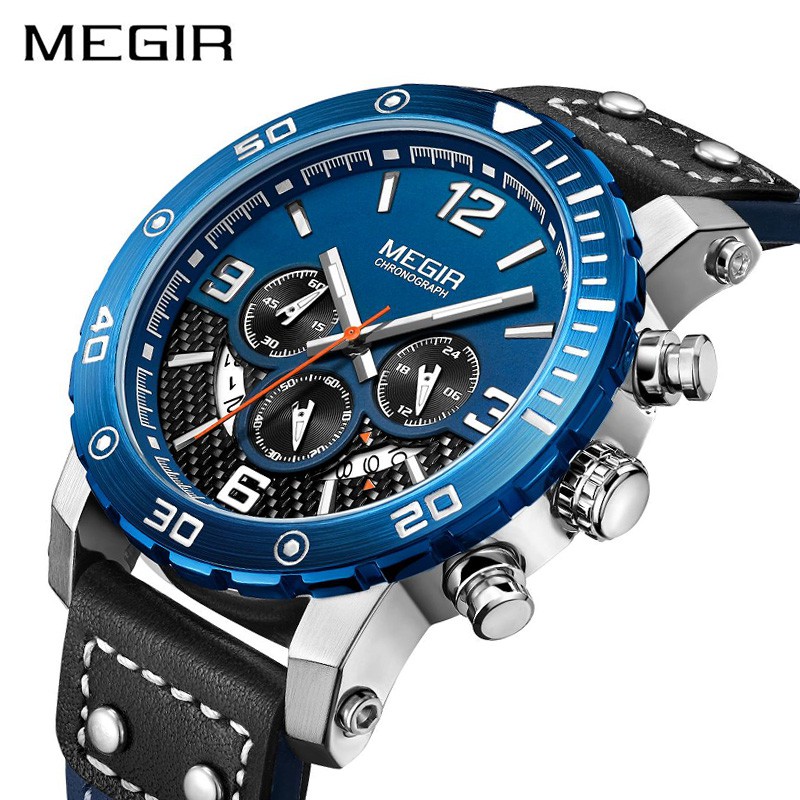 MEGIR 2084 Jam Tangan Pria Analog Chronograph Tali Kulit Luminous WATCHKITE WKOS