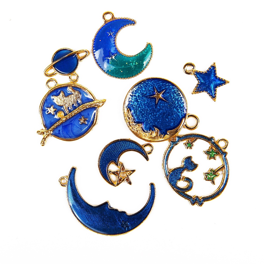 8Pcs Enamel Charms Blue Moon Star Planet Pendant Charms Spacer Beads for Jewlery Making DIY Bracelet Earrings Necklace