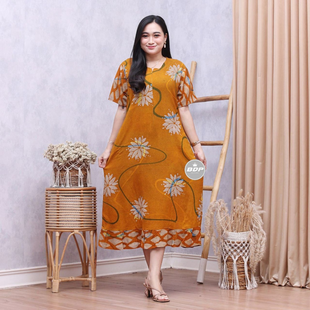 Dianputri - Daster Maura Batik Cap Rayon Grade A Motif Terbaru Busui Resleting Depan - Baju Tidur Daster Kekinian-adiba kuning