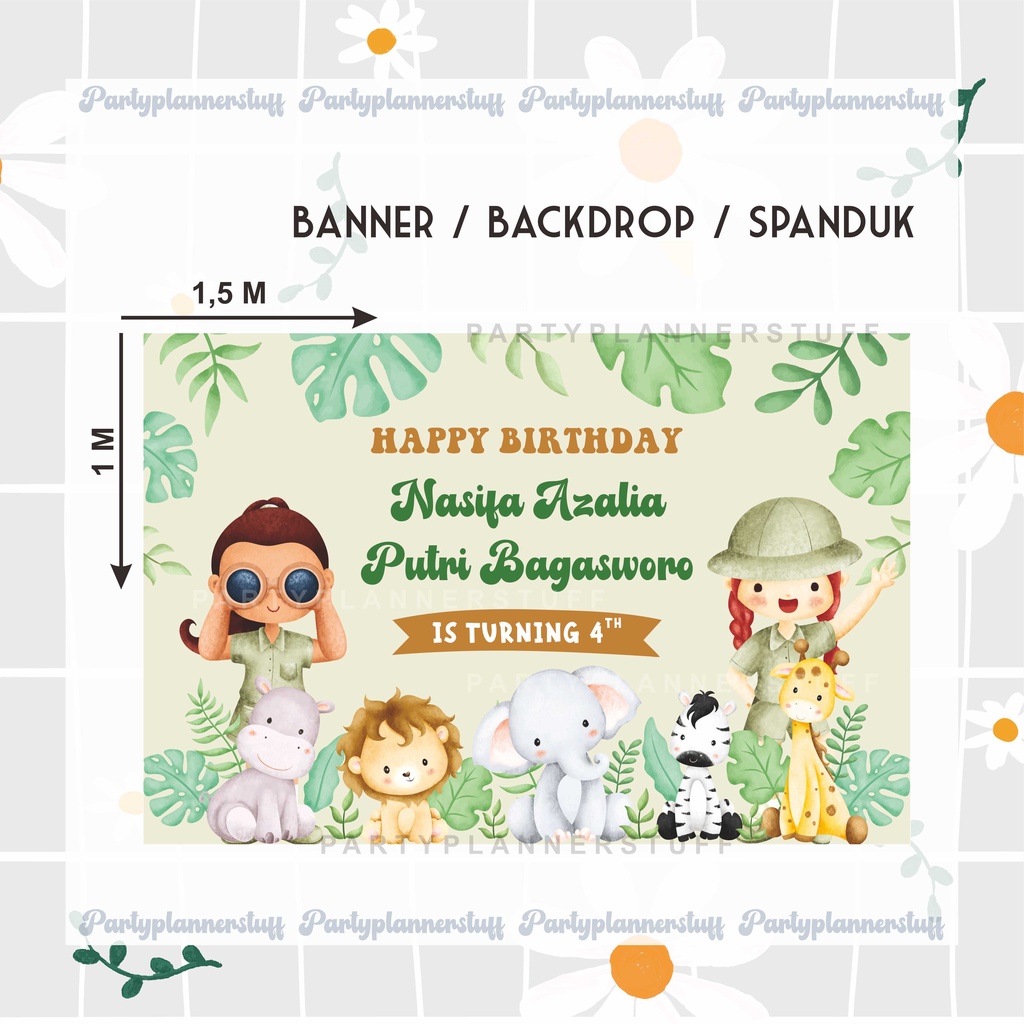 Banner backdrop spanduk ulang tahun anak cewek tema zoo animal wild party dekorasi ultah anak tema b