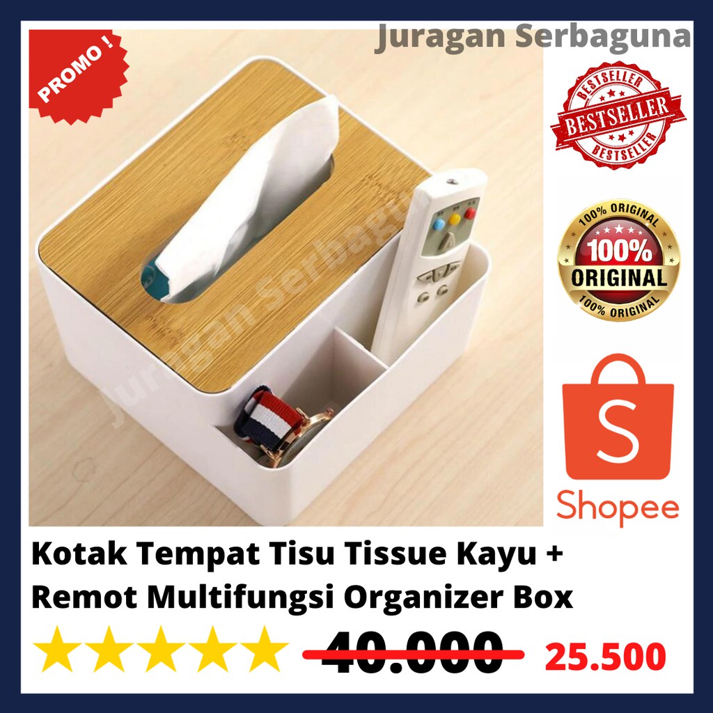 Kotak Tempat Tisu Tissue Kayu + Remot Multifungsi Organizer Box