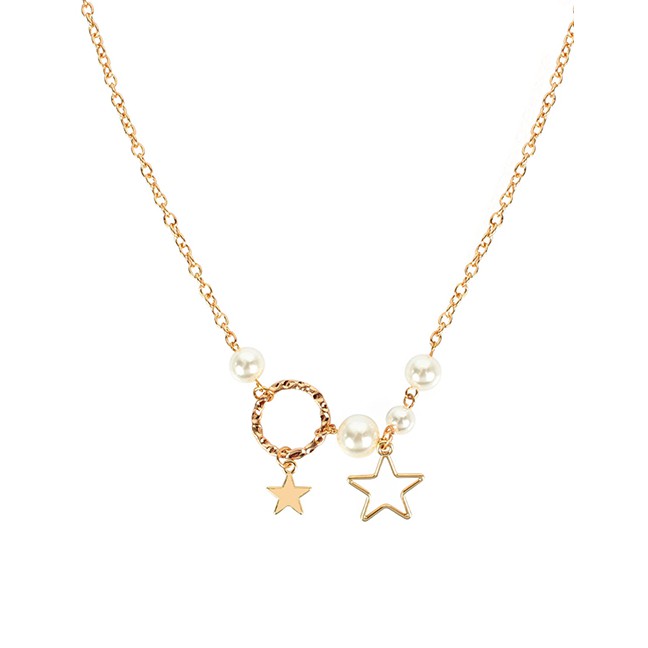 LRC Kalung Fashion Gold Imitation Pearl Pentagram Hollow Necklace F71759