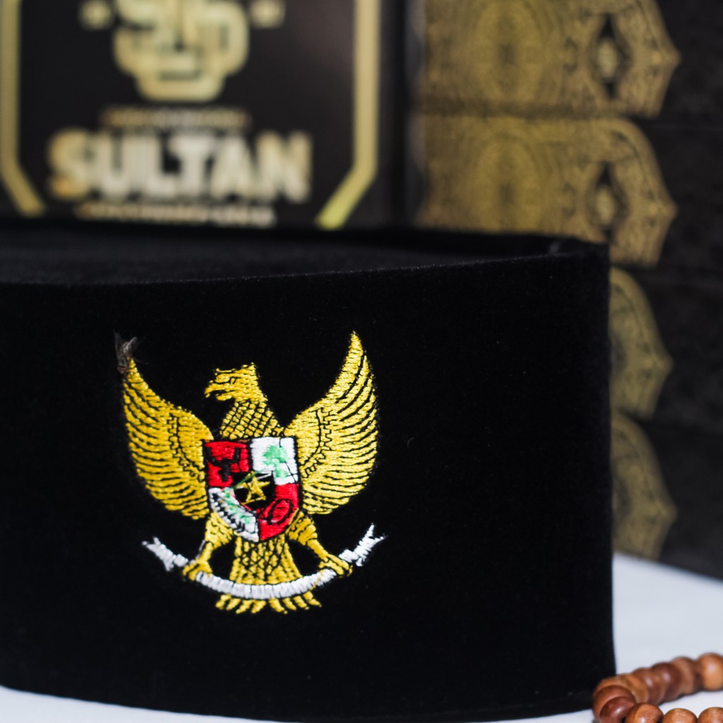 Peci Hitam AC BORDIR LOGO Songkok Kopyah Nasional Pagar Nusa Ansor Banser Garuda Kujang Tinggi 9cm