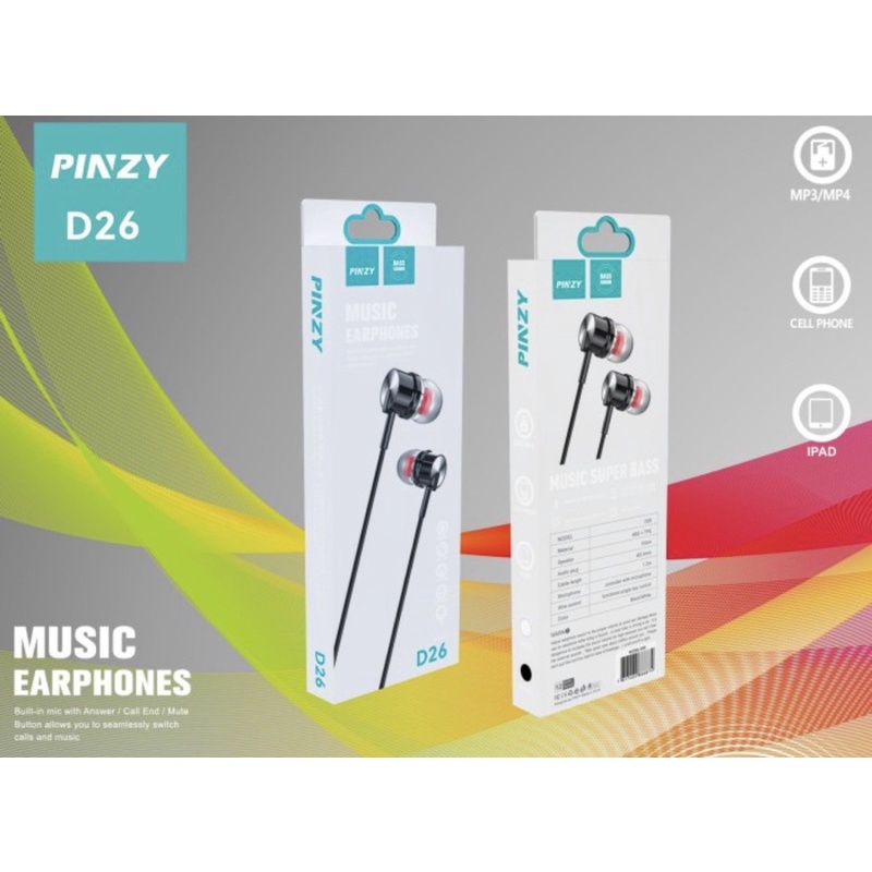 Headset PINZY D26 Music SuperBass Earphone Controller With Microphone - Headset PINZY D26 -