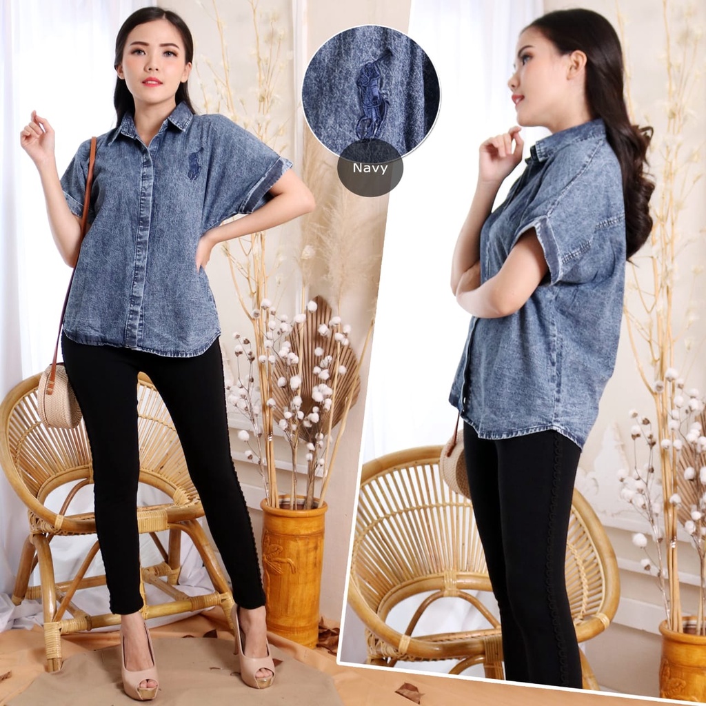 Baju Kemeja Jeans Wanita Remaja Dewasa //Kemeja Most | Kemeja Aurora Lengan Pendek Jeans Wash NT