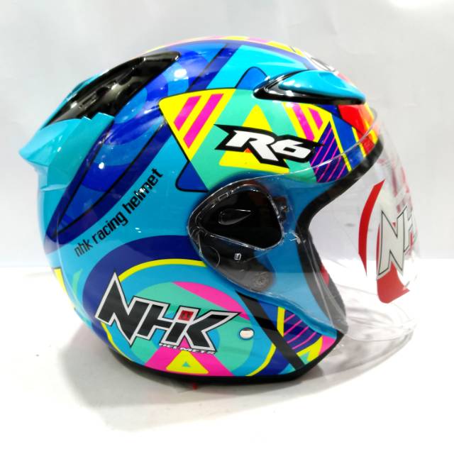 Jual HELM NHK R6 HALFFACE MOTIF WARNA BLUE GLOSSY KACA TEBAL | Shopee ...