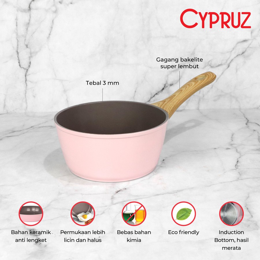 Cypruz Pink Ceramic White Wood Handle Series Sauce Pan 16 Cm SN-0240