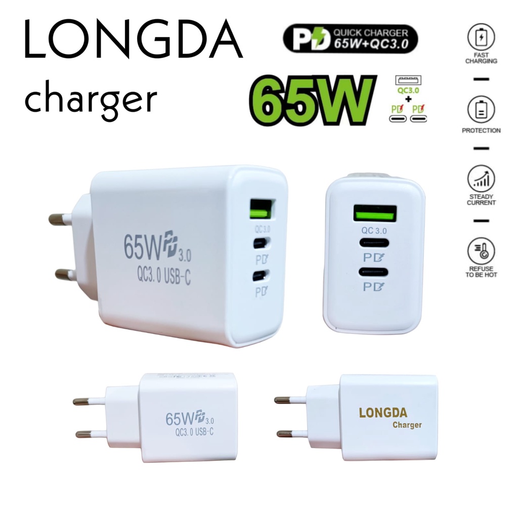 Paket Lengkap Adaptor Charger LONGDA Quick Charger QC 3.0 + dual PD 65 Watt dan Kabel