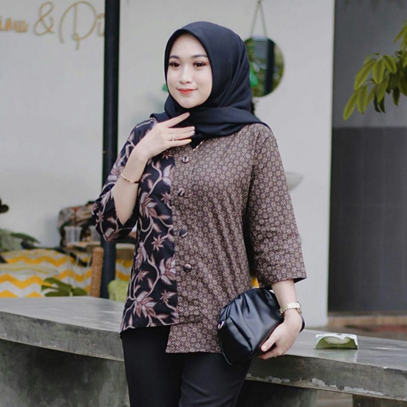tey-17 Batik wanita ASJ SA HRB026 Kenongo Kemeja Tosca Pendek-Sopal daun
