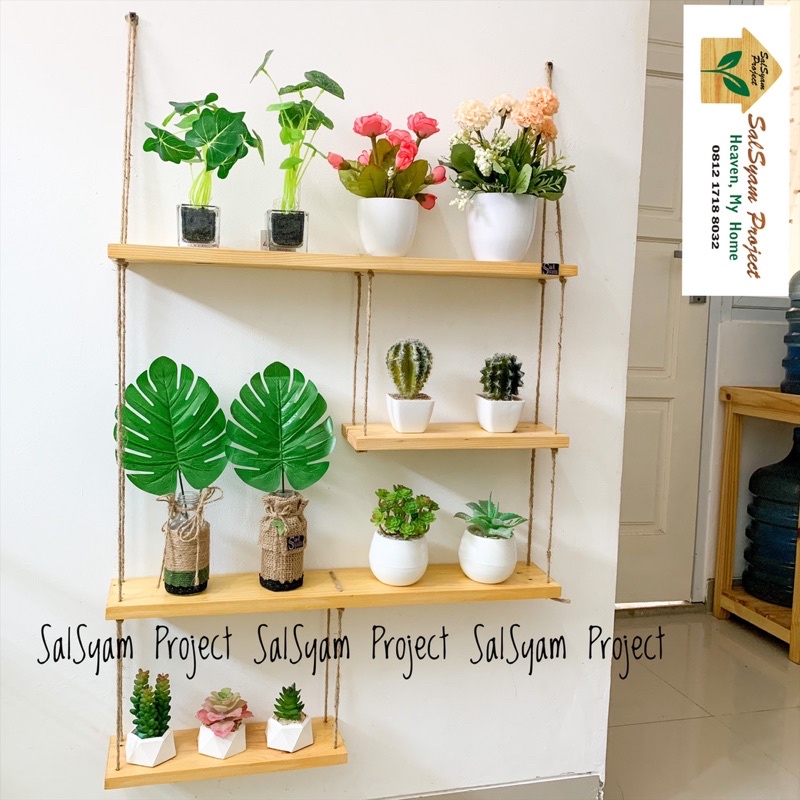 Rak Dinding Gantung 4 Susun Minimalis Rak Ambalan Kayu Jati Belanda Rak Serbaguna Tali Rami Unik