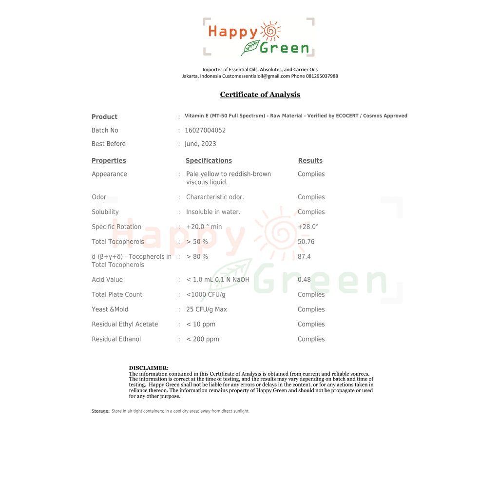 Happy Green Natural Vitamin E MT-50 Oil - Vit E Mix Tocopherol Warna Orange