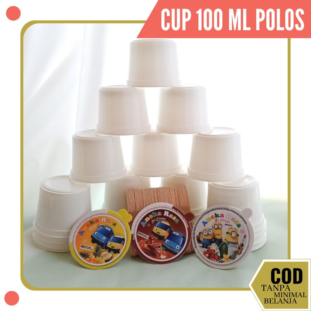 CUP ES KRIM POLOS - cup es krim lengkap tutup dan sendok - tempat es krim ukuran 100ml
