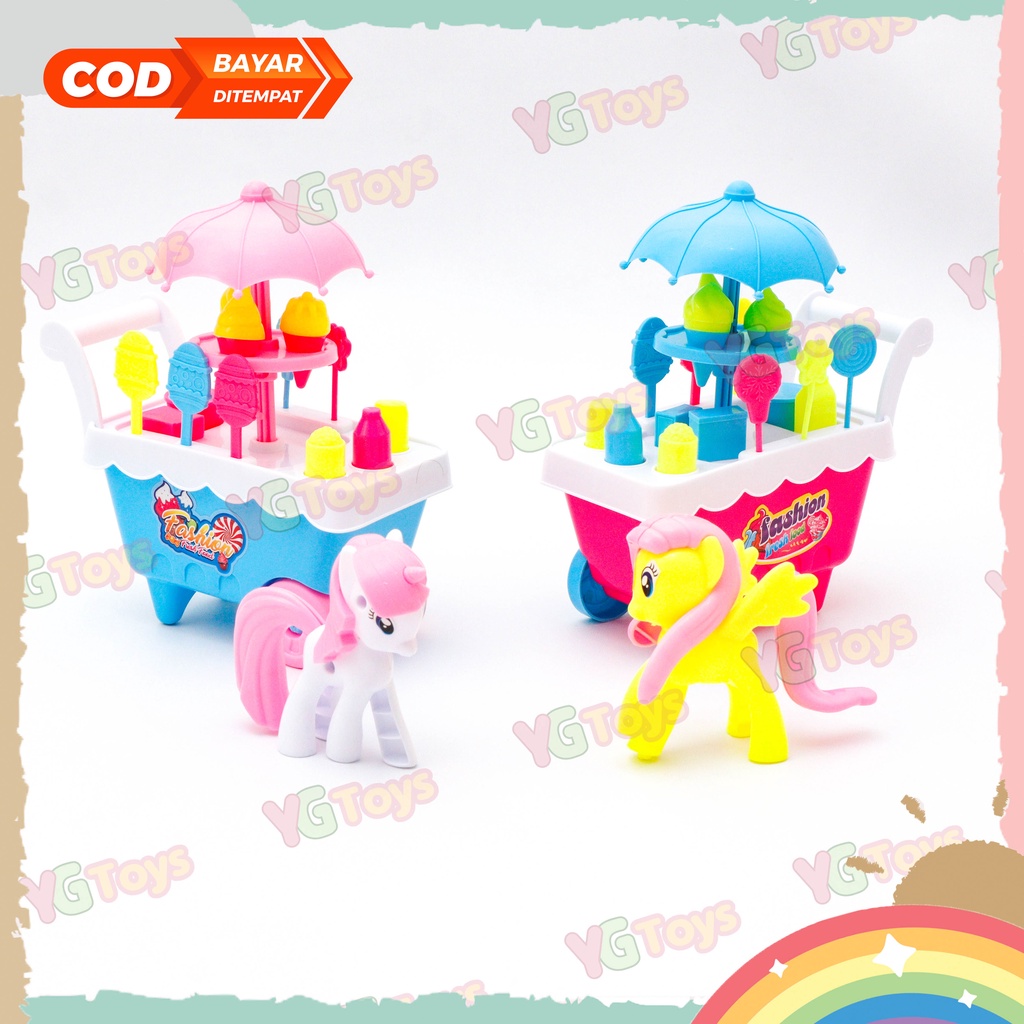 YGtoys Mainan Anak Jualan Gerobak Es Krim Kuda Poni Eskrim Mini Keranjang Playset DIY Kasir Kasiran Makanan