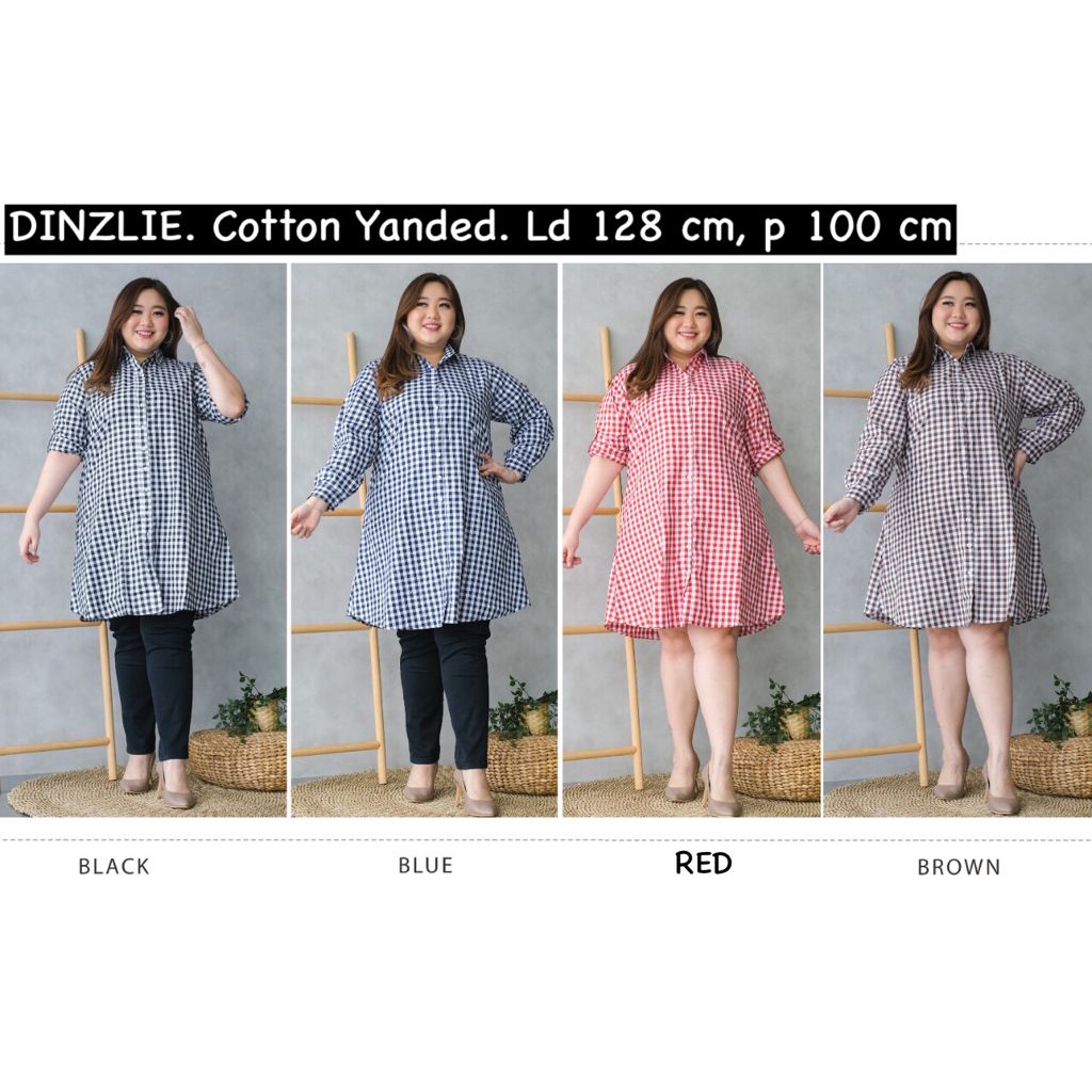 DINZLIE KEMEJA PANJANG WANITA TUNIK DRESS BAHAN KATUN MOTIF KOTAK KOTAK BESAR BIGSIZE BIG SIZE JUMBO