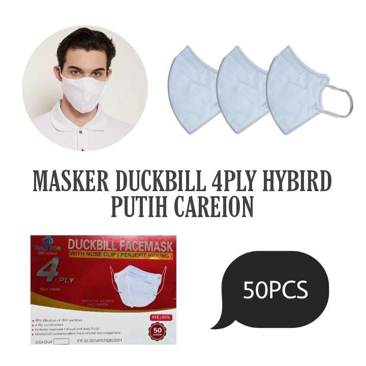 MASKER DUCKBILL HYBRID NOSE CLIP CAREION PENJEPIT HIDUNG 4PLY ISI 50 - Putih