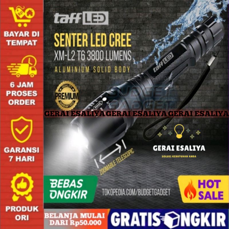 Taffware Senter LED Cree XM-L2 T6 3800 Lumens Aluminium SUPER TERANG