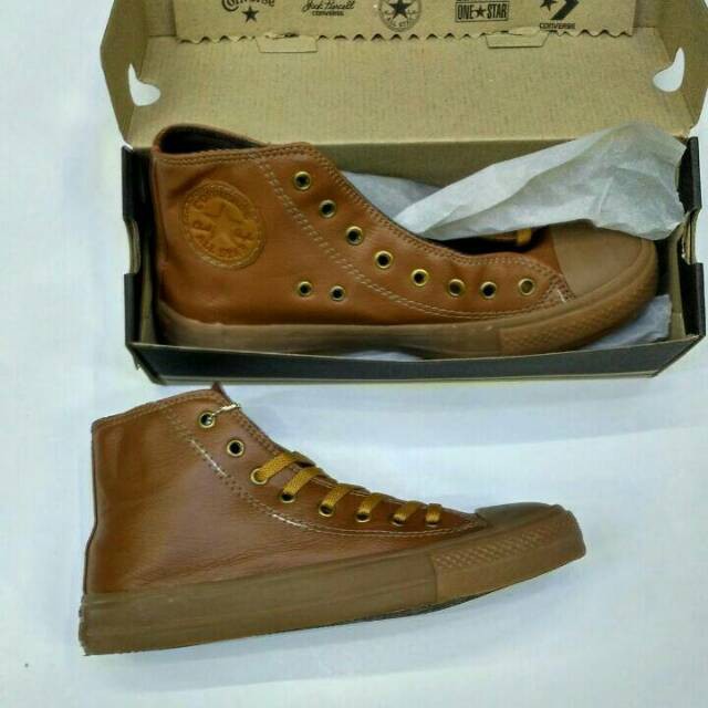 JUAL PRODUK Sepatu Converse Allstar Leather Kulit Brown Gum High Import