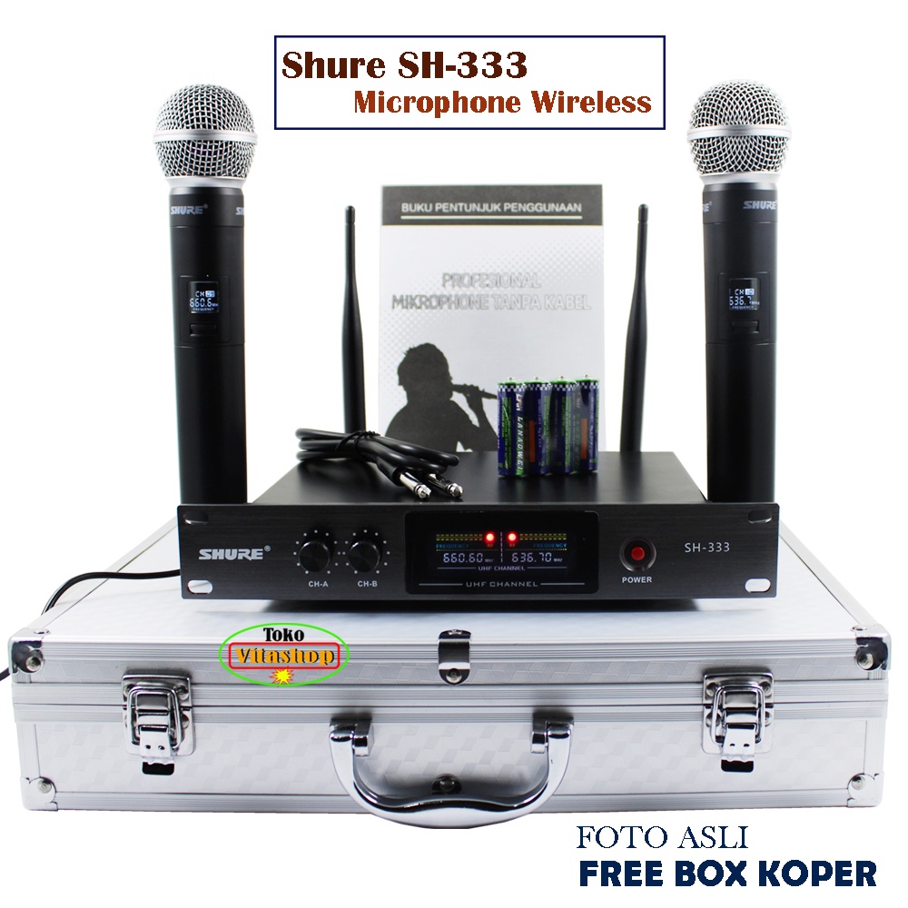 MICROPHONE WIRELESS SHURE SH-333 MIC VOCAL PROFESIONAL BOX KOPER