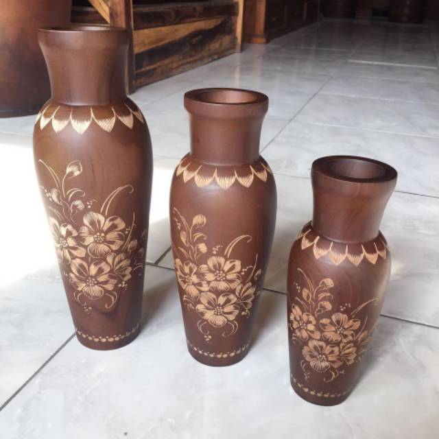 Vas bunga kayu jati polos model Guci