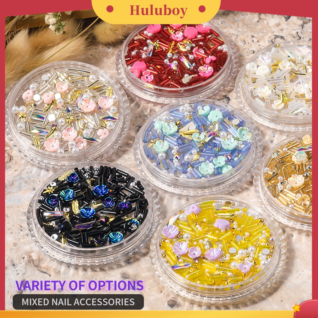 Huluboy Huluboy♡ 1 Kotak Ornamen Kuku 3D Bentuk Bunga Warna-Warni Untuk Wanita