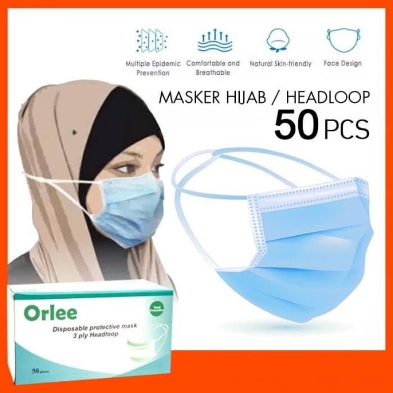 Orlee Masker Headloop Hijab 3 Ply anti Virus 1 box isi 50 Pcs Kemenkes 3Ply Face Mask