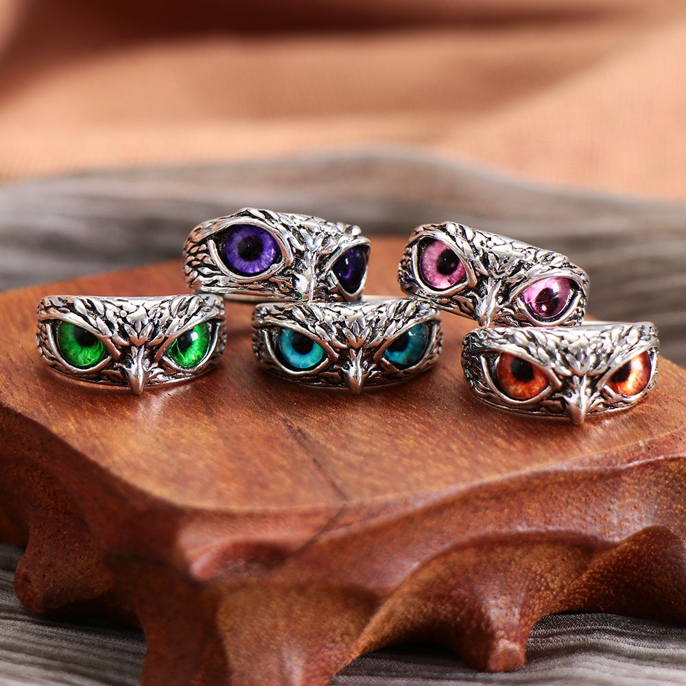 Cincin Model Terbuka Dapat Disesuaikan Desain Hewan Mata Setan Burung Hantu Warna-Warni Gaya Retro Vintage Untuk Hadiah Hari Ibu