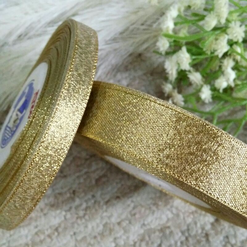 

pita metallic emas roll gold glitter kasar 1,8 cm 9 mm tangkai daun hampers bungkus packaging box