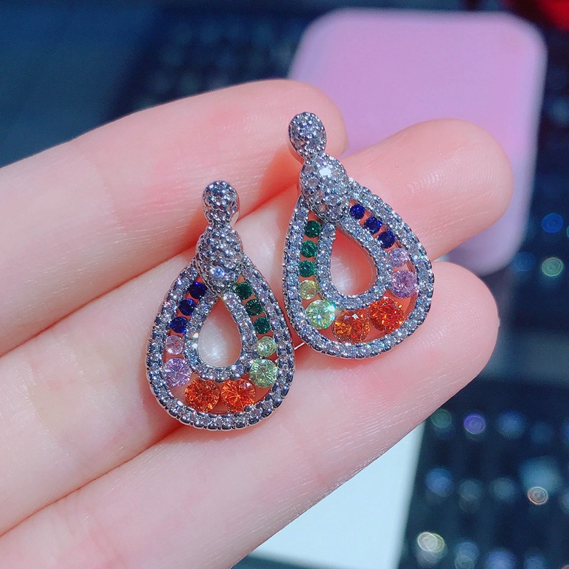 Fancyqube Anting Stud Kristal Zircon Bentuk Tetesan Air Warna-Warni Untuk Wanita