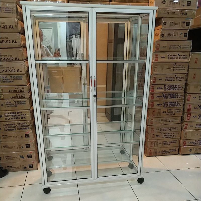 Lemari Kaca Hias Aluminium, Almari Kaca Display, Lemari kaca pajangan Almini + CERMIN + Roda