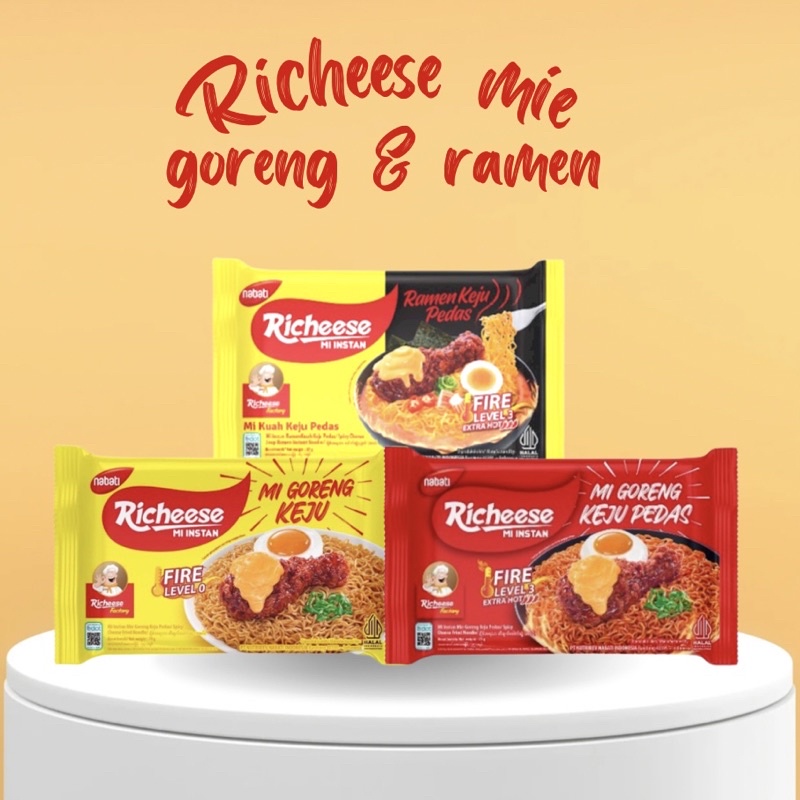 

Richeese Mie Instan Mie Goreng Keju Pedas Ramen Keju Level 0, Level 3, Level 5