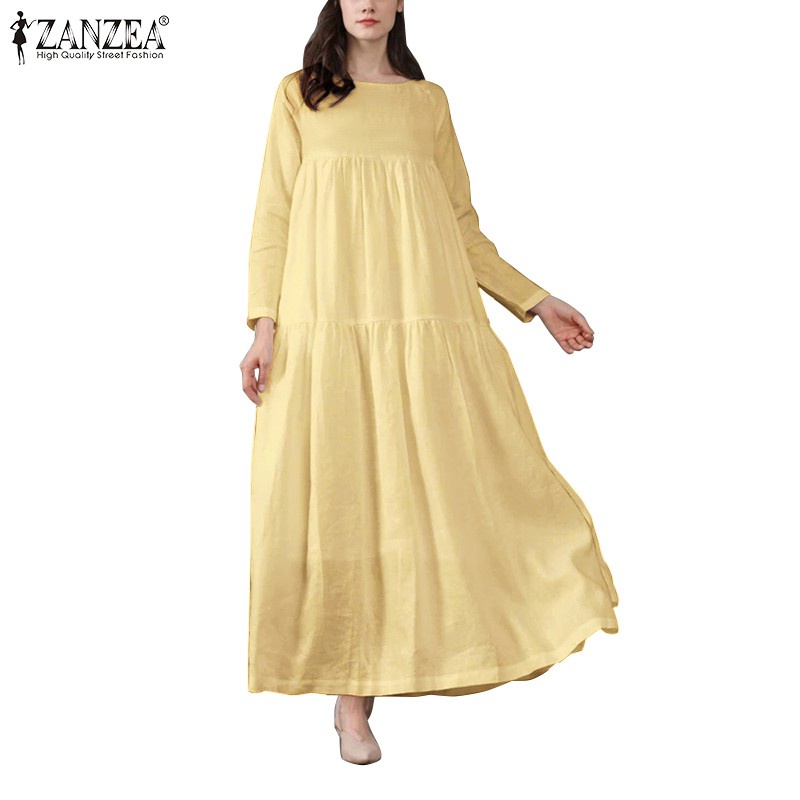 ZANZEA Women Solid Color Long Sleeve Ruffl Hem Swing Maxi Dress