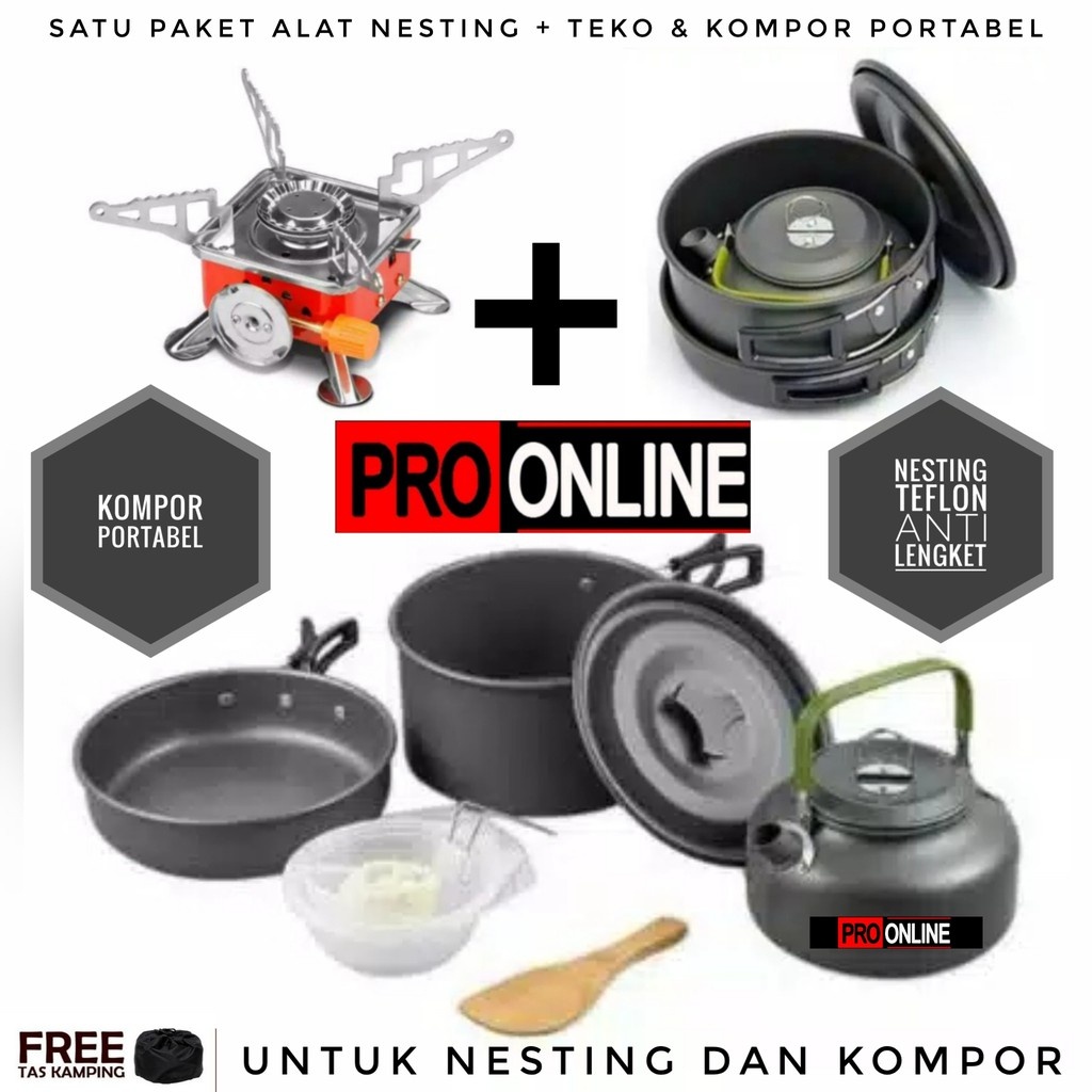 Cooking Set Teko/Ceret Wajan Dan Kompor Portabel / Paket Teko wajan Dan Kompor Camping Outdoor