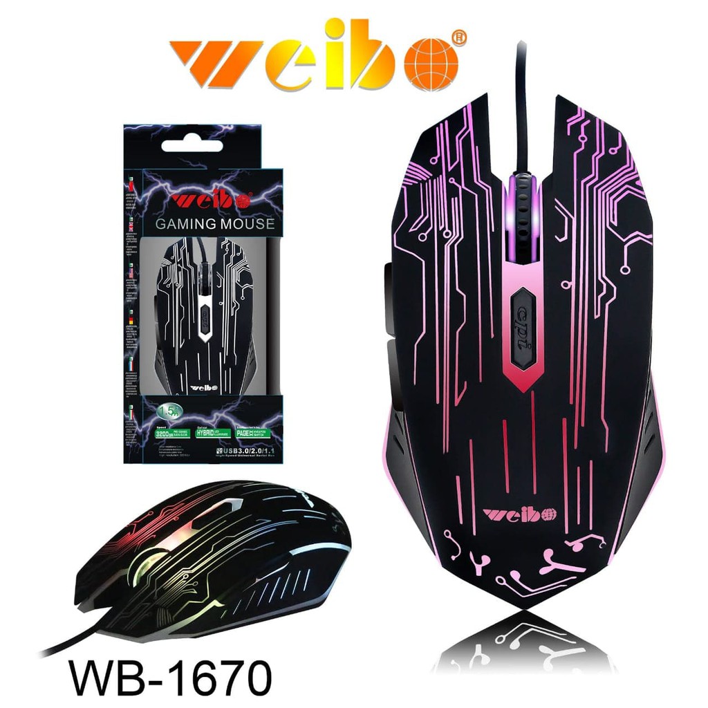 Super Hot! MOUSE GAMING WEIBO WB 1670 BLACK RAINBOW LIGHT CABLE GAMING Terbatas!