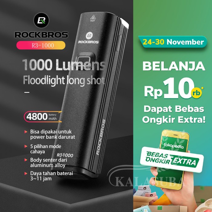 Rockbros R3-1000 Lampu Depan Sepeda 1000 Lumens T40 Power Bank 4800Mah