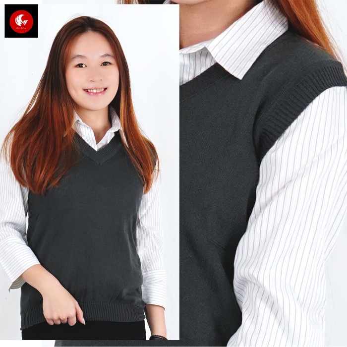 jaket wanita Rompi rajut wanita model polos V Neck Knit Vest Rompi Seragam Sekolah - Abu abu tua, S 
