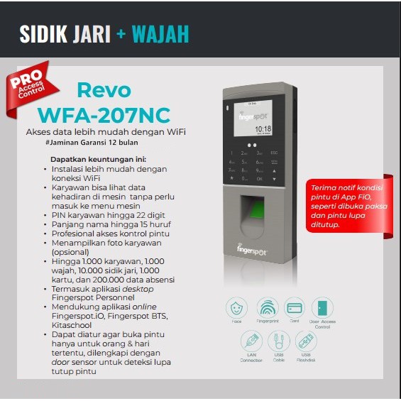 Mesin Absensi Wajah Wifi Revo WFA 207NC Fingerprint Absen SidikJari Kartu LAN TCPIP acces door pintu